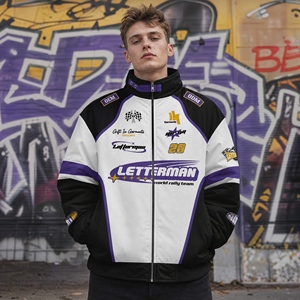 High Quality Spliced Vintage Racing Bomber <b>Jacket</b> Wholesale Custom Fabric Custom Pattern <b>Thick</b> Motorcycle <b>Jacket</b> Trendy Casual - Product Image 1