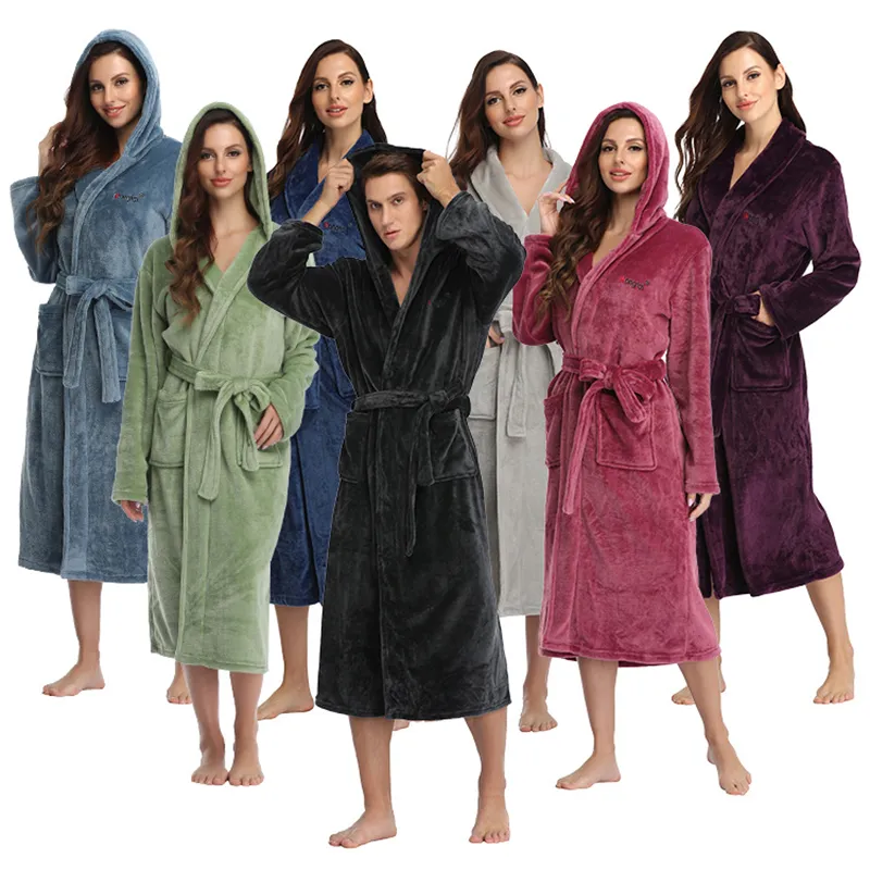 Unissex inverno quente terry pano macio flanela roupões de banho das mulheres plus size quente 1 pedaço de manga comprida robe de pijama vestido para as mulheres