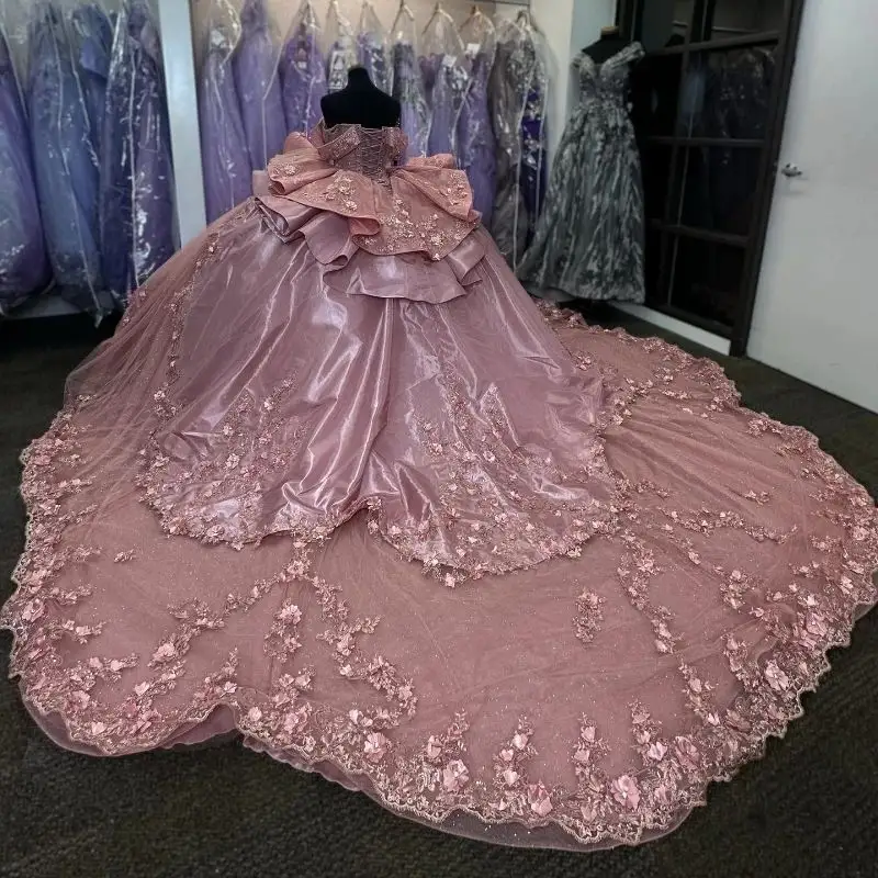 Mumuleo Pink Ball Gown Quinceanera Vestidos 2024 Apliques de encaje Flower Beads Ruffles Sweet 16 Dress Vestidos De XV 15 Anos