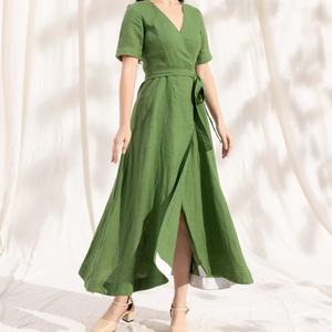 Vestido Elegante de Lino para Mujer, Verano, Nuevo Modelo con Cuello en V, Volantes, Midi, Holgado, Cintura Alta, Casual, Maxi - Product Image 1