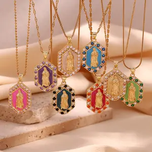 Vintage Colorful Zircon Inlay Oil Drip Hexagon Necklaces 18K Gold Plated Stainless Steel Virgin Mary Portrait Relief Necklaces