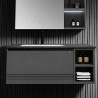 Meuble-lavabo de salle de bain modulaire minimaliste gris foncé de style européen avec rangement, miroir et vasque en céramique