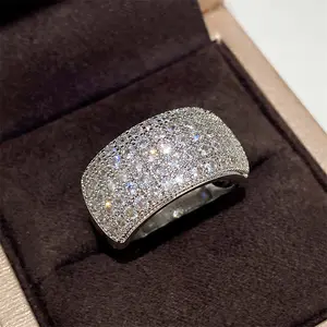 Hip Hop Platinum Plated Micro Pave Diamond Wide Ring Bridal Super Shining Zircon Wedding Engagement Party Eternity Band Rings