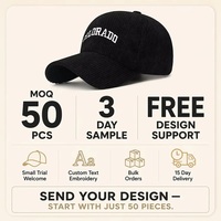 Casquette de baseball en velours côtelé brodée personnalisée Colorado, 6 panneaux, réglable, vintage, pour l'extérieur, vente en gros, OEM, faible MOQ