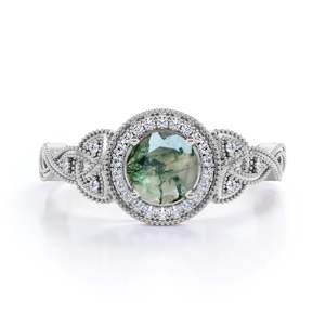 Bague de fiançailles et de mariage en argent sterling 925 certifiée, avec agate mousse et moissanite de 1,25 carat, bande entrelacée et gravure milgrain - Product Image 1