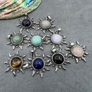 Liontin bentuk matahari perak antik dengan antik batu alam Cabochons pengaturan Bezel tatahan Reiki penyembuhan jimat perhiasan kalung - Product Image 5