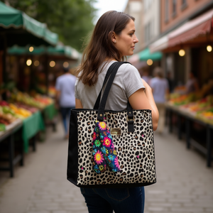 Sac fourre-tout en jute et coton pour femme Fana Henri, imprimé léopard, taille moyenne, avec poche zippée, pour la publicité - Product Image 2