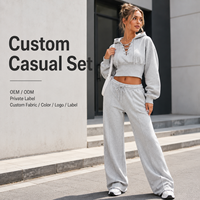 Ensemble décontracté gris pour femme : sweat à capuche court à lacets et pantalon de jogging taille haute à jambes larges – Survêtement streetwear tendance