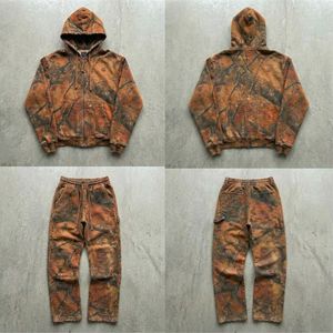 Custom <strong>Orange</strong> Tree Camo Zip Up <strong>Hoodie</strong> <strong>Men</strong> Heavyweight Acid Wash Distressed Raw Hem Carpenter Tracksuit Vintage Streetwear Set - Product Image 4