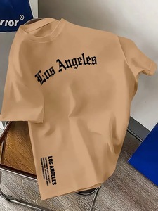 Camiseta de Verano para Hombre, de Algodón, Manga Corta, Cómoda, Informal, con Estampado de Letras de Los Ángeles, Suave, Sólida, Corte Holgado, de Calidad, con Contraste de Color - Product Image 6