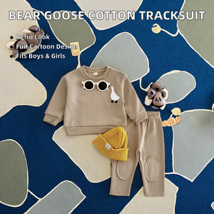 Conjunto de 2 Piezas de Ropa Deportiva para Bebés, Primavera-Otoño, Unisex, con Bordado de Oso y Ganso de Dibujos Animados, Suéter y Pantalones de Algodón - Product Image 2