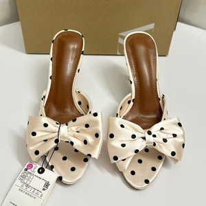 Mules à talons hauts élégantes pour femmes, à pois, avec nœud, en satin, à bout ouvert, à enfiler, pour soirées d'été et robes de soirée - Product Image 3