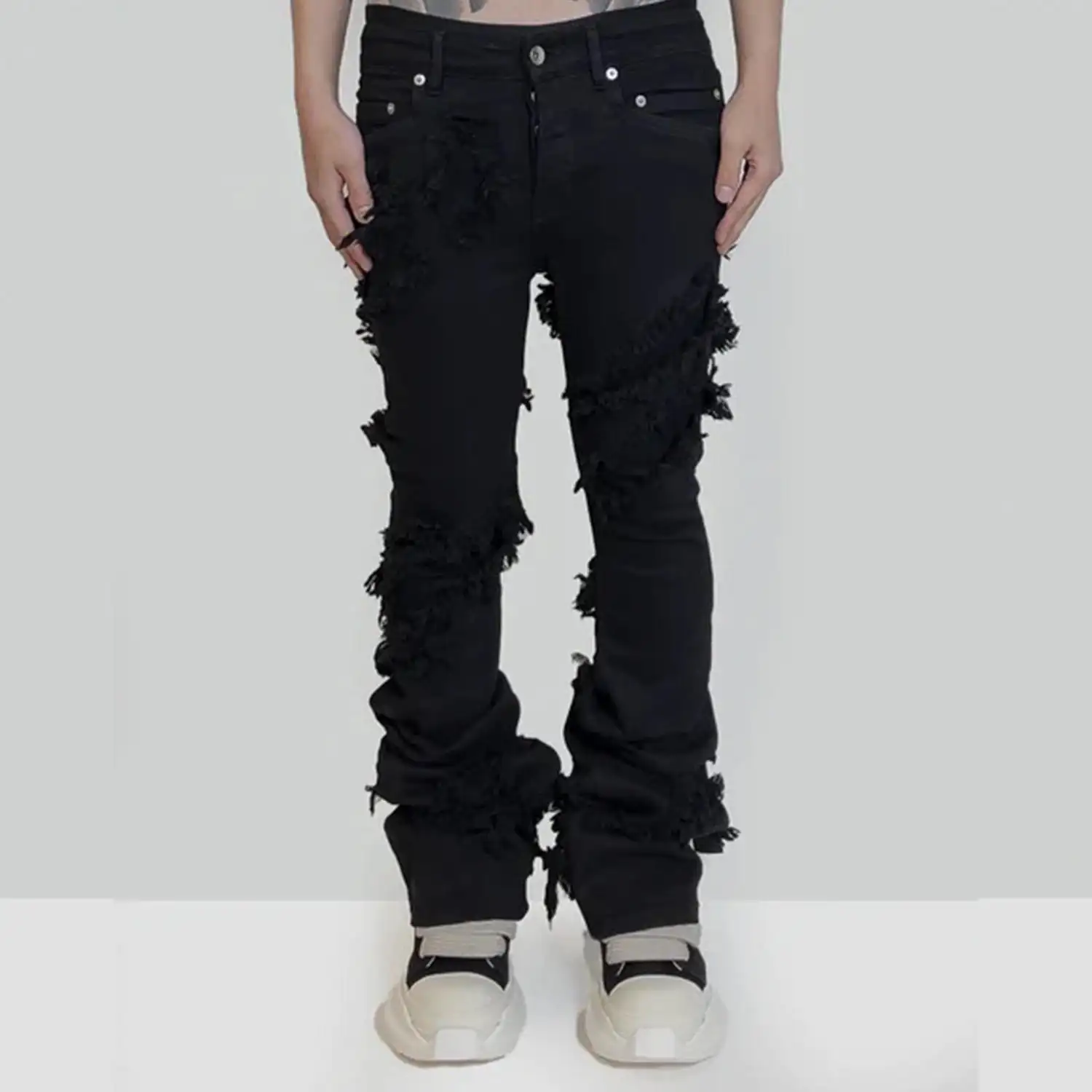 Designer de haute qualité hommes en détresse jeans évasés hommes string Patch jeans élasticité flare pantalon noir empilés jeans skinny