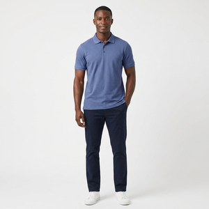 Polo de Piqué de Algodón Azul de Manga Corta para Hombre, Corte Regular, Color Sólido, Diseño Casual Transpirable de Punto - Product Image 1