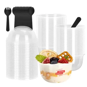 Clear Plastic Dessert Cups with Dome Lids Sporks and No Hole Disposable Round Cupcake Bowls for Cake