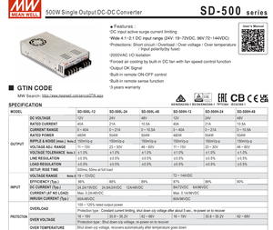 Convertidores CC/CC Mean Well SD-500H-48, Montaje en Chasis, Carcasa de Aluminio, 72-144 V de Entrada, 48 V de Salida, 504 W, 10.5 A, Fuente de Alimentación para Iluminación LED - Product Image 2