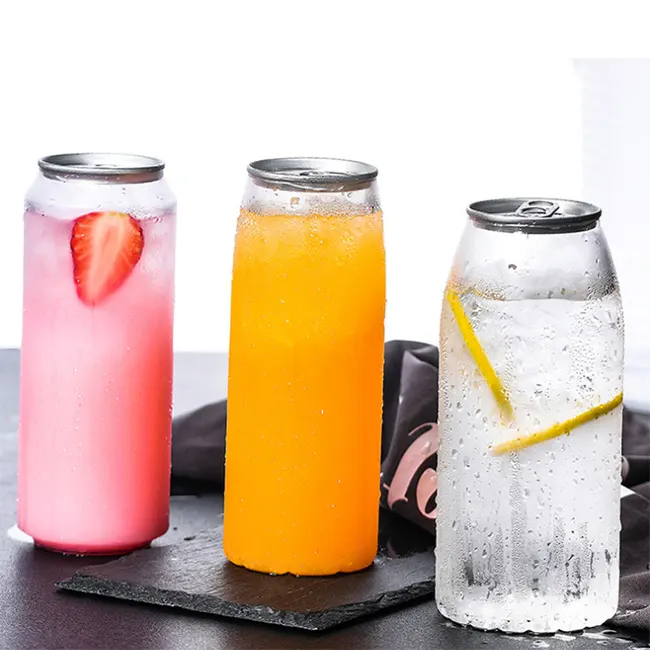 Wholesale 12oz 16oz 350ml 650ml Plastic Transparent PET Soda Can Beverages Custom Clear Boba tea Jar with Easy Open Lid