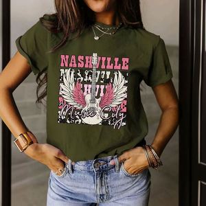 Camiseta de verano para mujer europea y americana, diseño personalizado de guitarra de Nashville Music City, cuello redondo, manga corta holgada - Product Image 4