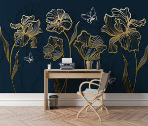 Mural de Pared Floral Dorado de Lujo, Diseño de Líneas en Relieve, Papel Tapiz <span class=keywords><strong>Azul</strong></span> Marino, Papel Tapiz 3D para el Hogar - Product Image 1