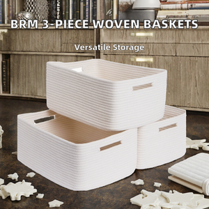 BRM 3-Piece Elegant Modern Woven Cotton Rope Oval Storage <b>Baskets</b> with Handle for Clothing Baby <b>Nursery</b> Books Toys and Towels - Product Image 2
