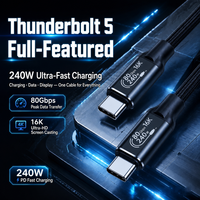 Câble USB-C Thunderbolt 5 240W PD Charge Rapide Transfert de Données 80 Gbit/s Vidéo 16K Blindé en Nylon Noir pour Ordinateur Portable Téléphone OEM
