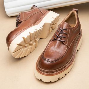 Men's High End Cowhide Business Casual Leather Shoes Outdoor <b>Platform</b> Low Cut Lace up Work Shoes Height Increasing Autumn - Product Image 4
