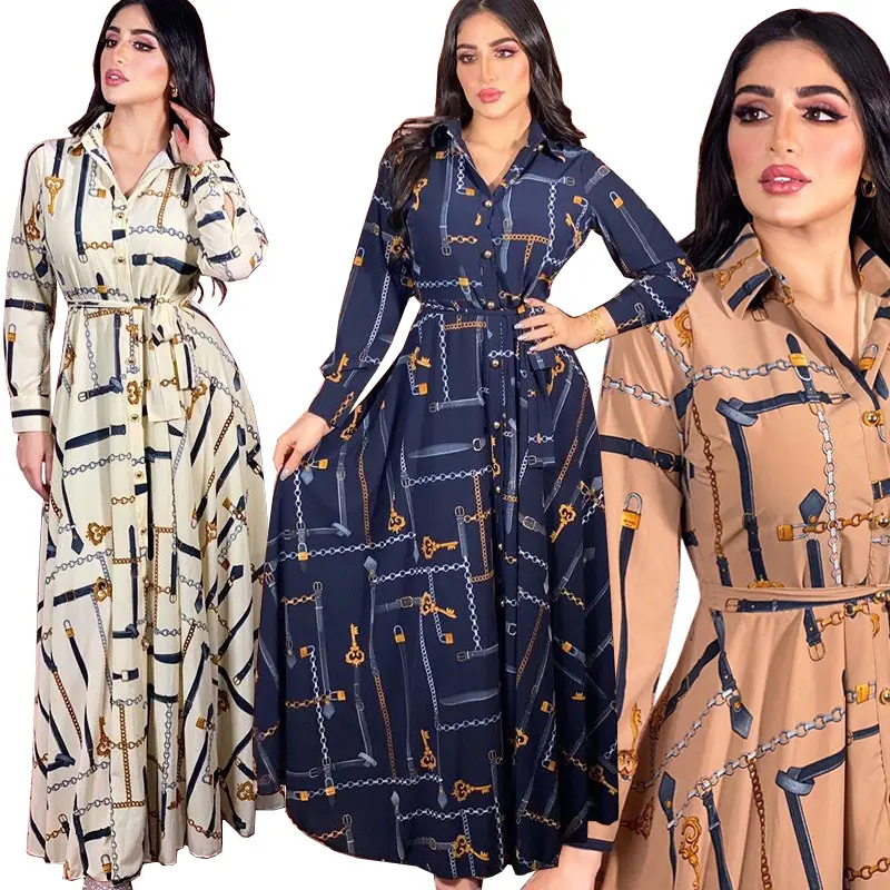 AB125 Middle East European and American Multicolor Chain Printed Muslim Dress Womens Shirt Dress Elegant Casual Dresses