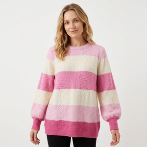 Pull en tricot épais à rayures roses pour femmes, mélange de viscose, col rond, manches longues, pull décontracté d'hiver - Product Image 1