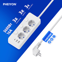 Prise de table industrielle Pheiyon Schuko, 3 prises Schuko, 2 USB-A + 1 USB-C, plastique PP haute température, interrupteur individuel, 380J