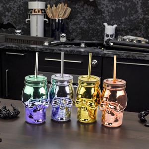 16oz Custom Skull Shape <strong>Plastic</strong> <strong>Mason</strong> <strong>Jars</strong> BPA Free Lid Straw Type Novelty Drinking <strong>Tumbler</strong> Party Electroplating Added Reusable - Product Image 3