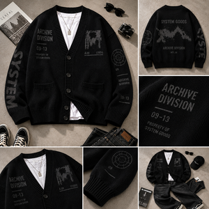 <strong>Mens</strong> Heavyweight Knitted Cardigan Sweater <strong>V</strong> <strong>Neck</strong> Archive Graphic Button up Oversized Streetwear Knitted <strong>Jumper</strong> Outerwear - Product Image 3