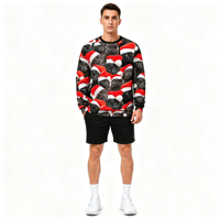 Sweat-shirt à col rond pour homme personnalisé OEM ODM avec sublimation noire Santa Cat et impression intégrale pour les fêtes de Noël