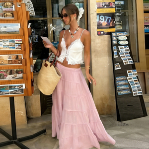 Falda Maxi de Mujer con Cintura Fruncida Natural, Tejida, Suave, de Color Liso, Estilo Línea A, Fluida, con Forro Antiexposición, Ideal para Vacaciones en la Playa - Product Image 3