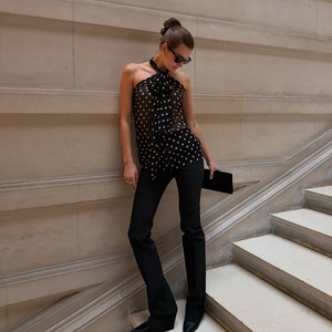 Top Halter de Gasa con Estampado de Puntos Retro Estilo Europeo Americano para Mujer, Camiseta sin Mangas, Moda Urbana - Product Image 3