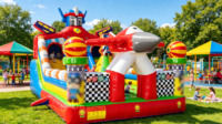Structure gonflable commerciale combinée avec toboggan, en PVC 0,55 mm, certifiée EN14960, pour location, avec souffleur, installation facile, garantie 3 ans