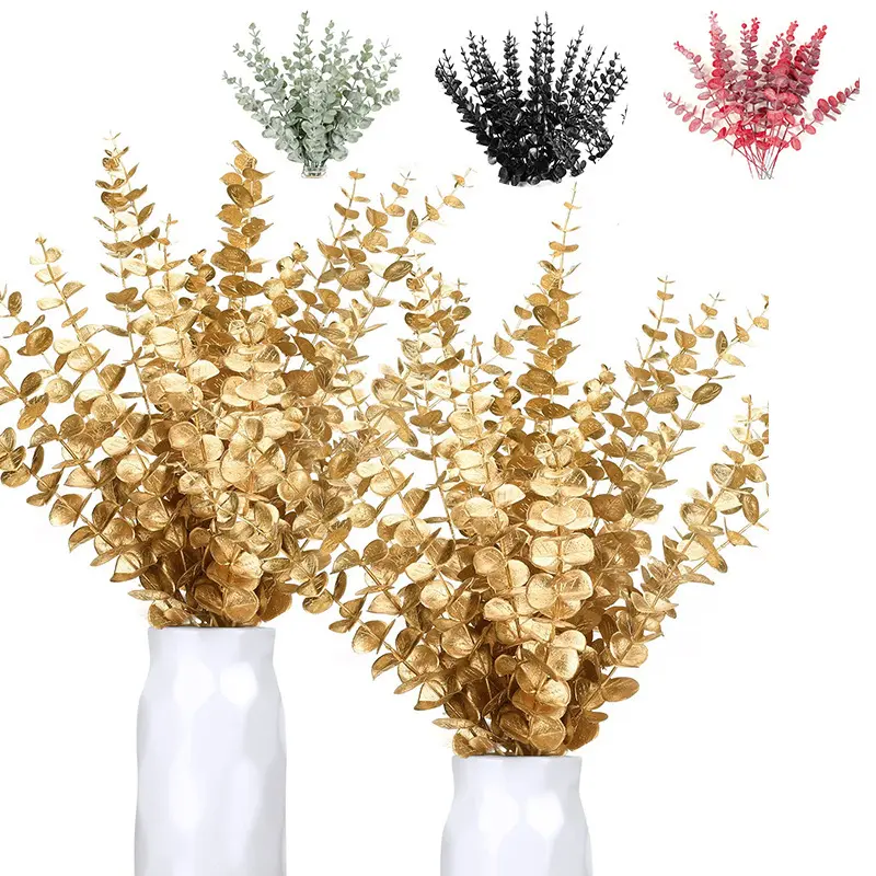 2023 False Leaf Stems Autumn Decorative Plants Wedding Arrangements Artificial Flowers Golden Eucalyptus Leaves