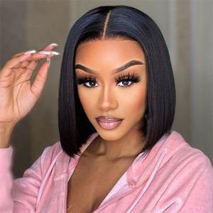 Perruque courte et droite style rose, en fibre Kanekalon noir pur, avec raie au milieu, frange et dentelle transparente, pour femme - Product Image 1