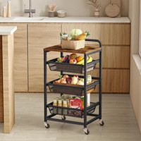 Chariot de rangement roulant à 3 niveaux avec paniers en filet extractibles, chariot utilitaire en métal avec plateau en bois et poignée pour la cuisine