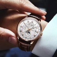 Reloj de Cuarzo de Marca Privada, Caja de Aleación en Oro Rosa, Correa de Cuero, Ventana de Fecha, Esfera Decorativa Multicapa, Resistente al Agua 30M, Logotipo Personalizado