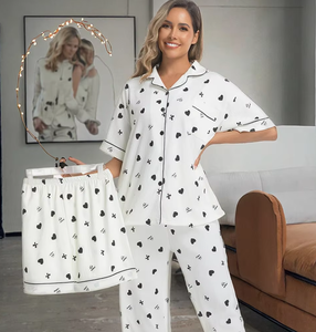 Nuovo <span class=keywords><strong>pigiama</strong></span> da donna in tre pezzi <span class=keywords><strong>con</strong></span> cuore amorevole in cotone <span class=keywords><strong>con</strong></span> elastico in vita morbido traspirante Casual per indumenti da notte primavera estate autunno - Product Image 5