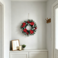 Karangan Bunga Natal Buatan 38cm dengan Poinsettia Merah & Hiasan Buah Berry, Cabang Pinus, Dekorasi Gantung Pintu & Dinding untuk Liburan