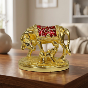 <b>Gold</b> Plated Cow Calf <b>Statue</b> Traditional Handmade Animal Figure Decor for Living Room Tabletop Display - Product Image 5