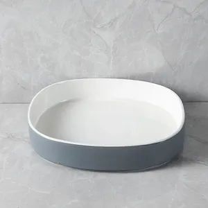 Restaurant Supply Modern Luxury Elegance 7" 8" 10" Matte Porcelain Grey Glaze Blue Square Deep Plate For Dinner Seafood Plates