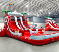 WINWAYTOYS Toboggan aquatique gonflable double piste rouge en PVC écologique, thème noix de coco tropicale, pour enfants, idéal pour les fêtes estivales en extérieur