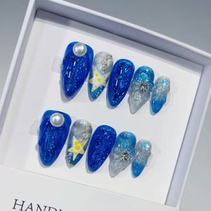 Uñas Postizas de Lujo con Purpurina Líquida, Hechas a Mano, con Diseño Romántico y Brillante, Flores 3D, Uñas Artificiales Delicadas en <span class=keywords><strong>Rosa</strong></span> y Azul - Product Image 5