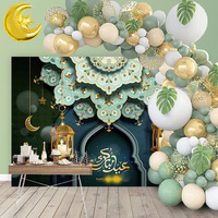 Kit d'arche de ballons Ramadan Aïd Moubarak, ballons en aluminium vert et or en forme de lune et d'étoile avec toile de fond motif moustique, ensembles de décorations pour fête de l'Aïd al-Fitr