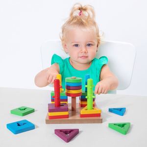 Fine Motor Skill Develop Rainbow Wooden Color <b>Shape</b> Sorter Stacking Kids Montessori Toys - Product Image 1