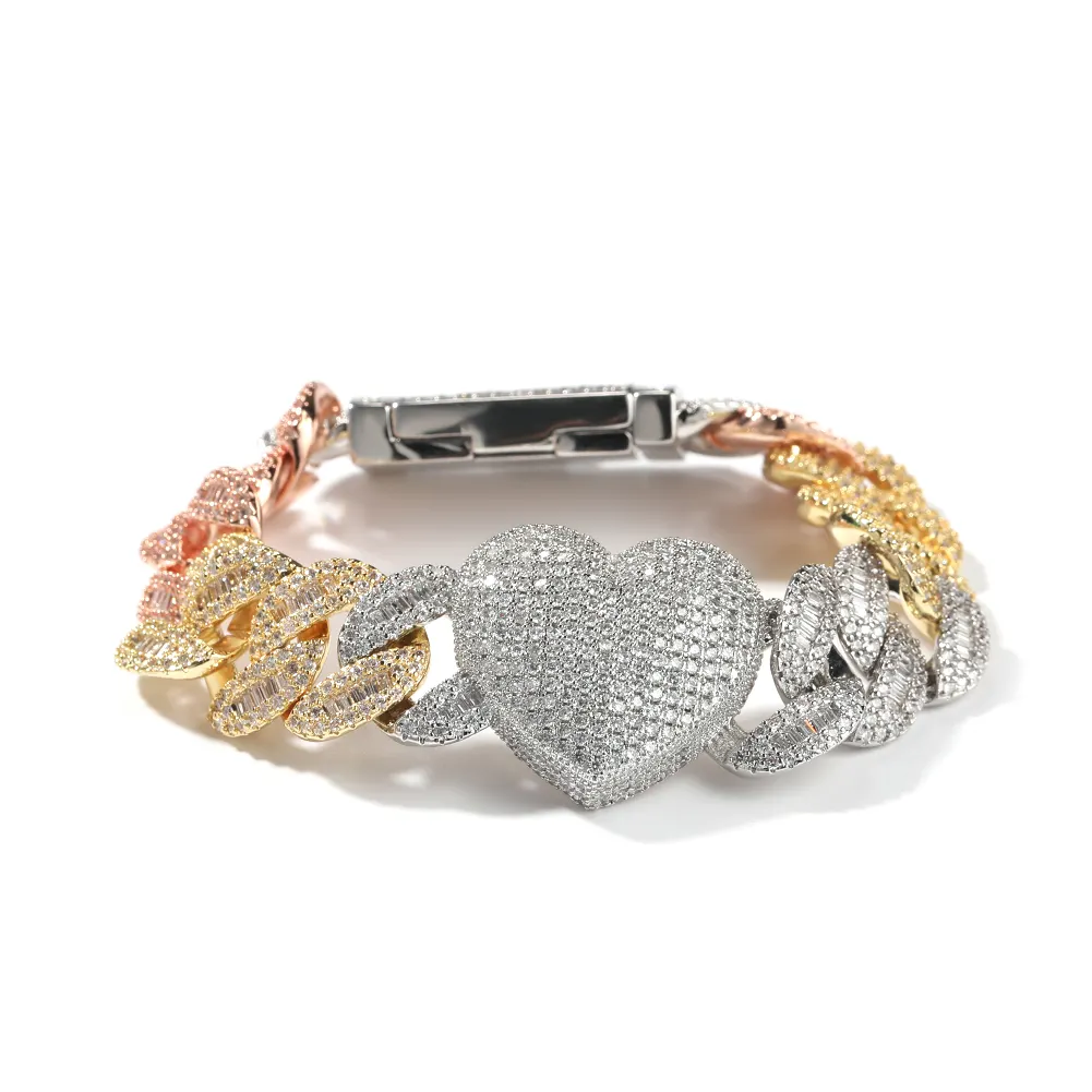 Nieuw Product 16Mm Twee Tone Pave Cz Vrouwen Diamanten Sieraden Rose Gouden Ketting Hart Hanger Met Cubaanse Link Armband