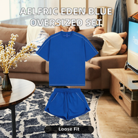 Ensemble de survêtement décontracté 2 pièces pour femme Kuest, coupe ample, bleu uni, manches courtes, 100 % polyester, lavable en machine