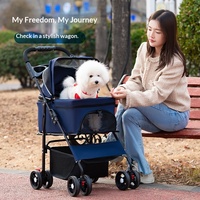 Carrinho Portátil para Animais de Estimação com 4 Rodas, Dobrável, com Refletores Vermelhos para Cães e Gatos, Cinto Ajustável, Cesta Extra Grande e Respirável, Bolsa de Armazenamento
